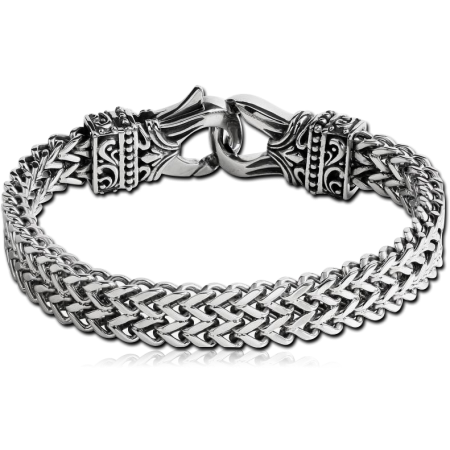 SURGICAL STEEL BRACELET WOVEN BYZANTINE CHAIN WITH ORNATE END CAPS HOOK CLASP