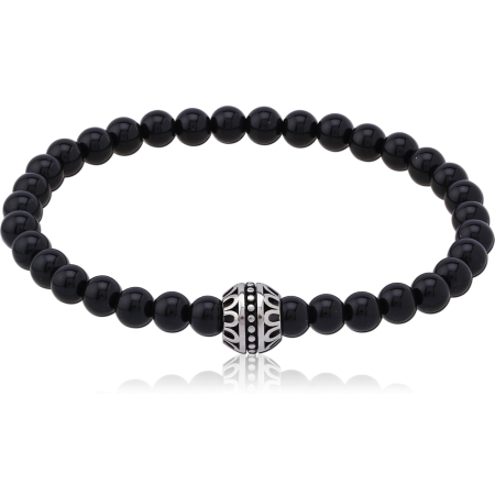 SURGICAL STEEL AND STONE ELASTIC BRACELET BLACK BEADS WITH ORNATE CENTER