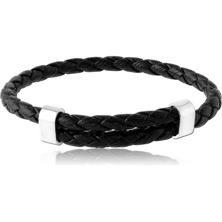 SURGICAL STEEL AND LEATHER BRACELET BRAIDED BAND WITH POLISHED ACCENTS MAGNETIC CLASP