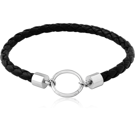SURGICAL STEEL AND LEATHER BRACELET BRAIDED BAND WITH CENTER RING MAGNETIC CLASP