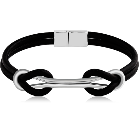 SURGICAL STEEL AND BLACK LEATHER BRACELET CURVED BAR DOUBLE STRAND