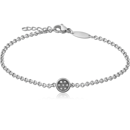 SURGICAL STEEL CHAIN BRACELET ROUND BEZEL CENTER WITH CLEAR GEM CLUSTER