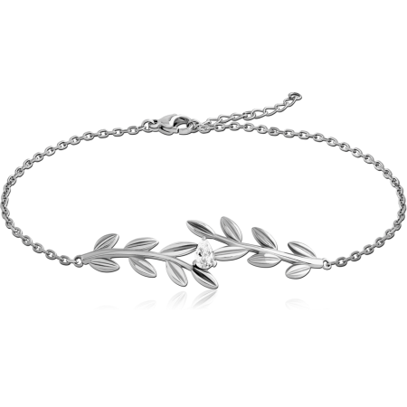 SURGICAL STEEL CHAIN BRACELET LEAF VINE WITH PEAR GEM ACCENT