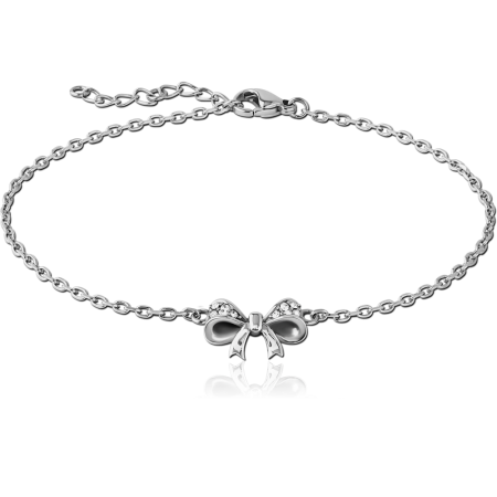 SURGICAL STEEL CHAIN BRACELET WITH BOW CHARM AND CLEAR GEMS
