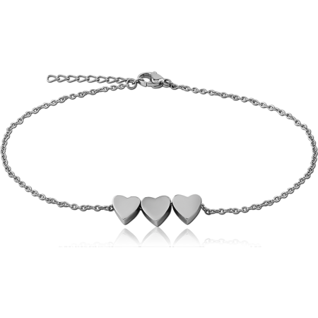 SURGICAL STEEL CHAIN BRACELET TRIPLE HEART CHARMS CENTER POLISHED FINISH