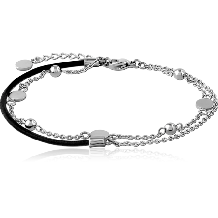SURGICAL STEEL AND BLACK LEATHER MULTI-STRAND BRACELET WITH DISC AND BEAD CHARMS