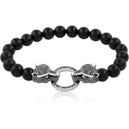 SURGICAL STEEL BRACELET BLACK BEADS WITH TWIN PANTHER HEADS AND RING CHARM