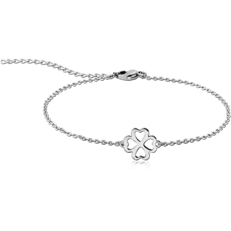 SURGICAL STEEL BRACELET FOUR LEAF CLOVER OUTLINE CENTER DELICATE CHAIN
