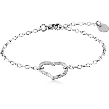 SURGICAL STEEL BRACELET HAMMERED HEART OUTLINE CENTER DELICATE CHAIN CLOSURE