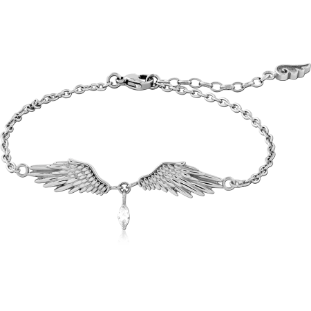 SURGICAL STEEL BRACELET ANGEL WINGS WITH TEARDROP GEM CHARM CHAIN
