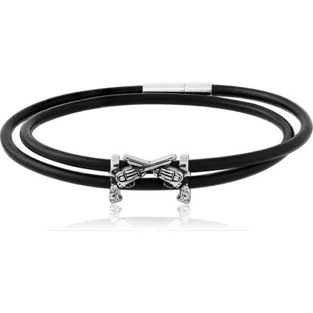 SURGICAL STEEL BRACELET BLACK CORD CROSSED PISTOLS CENTER METAL CLASP