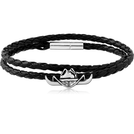SURGICAL STEEL BRACELET BRAIDED BLACK CORD COWBOY HAT CENTER METAL CLASP