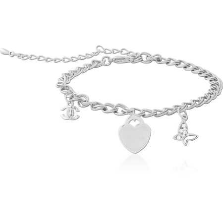 316L SURGICAL STEEL BRACELET WITH HEART, BUTTERFLY AND DOUBLE C CHARMS