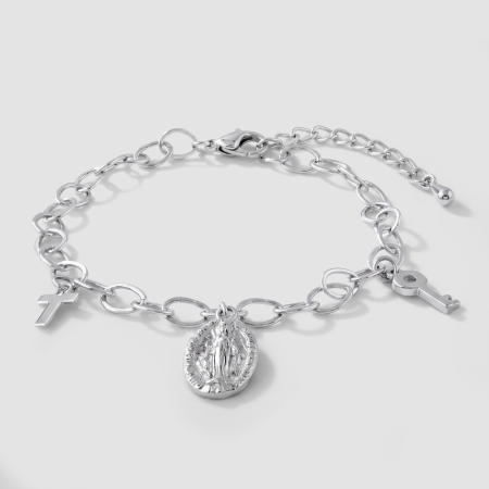 316L SURGICAL STEEL BRACELET CABLE CHAIN WITH CROSS MEDALLION AND KEY CHARMS
