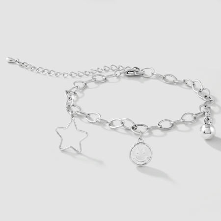 316L SURGICAL STEEL BRACELET CABLE CHAIN WITH STAR SMILEY AND BEAD CHARMS