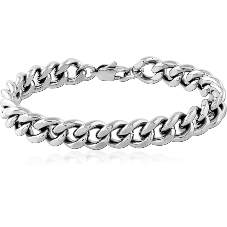 STAINLESS STEEL BRACELET WIDE CURB CHAIN LOBSTER CLASP POLISHED FINISH