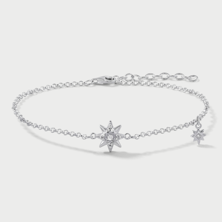 STERLING SILVER 925 CHAIN BRACELET EIGHT-POINT STAR GEM CENTER WITH STAR CHARM