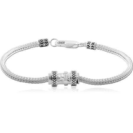 STERLING SILVER 925 BRACELET BRAIDED CHAIN WITH CHEVRON BEADS AND GEM BARREL