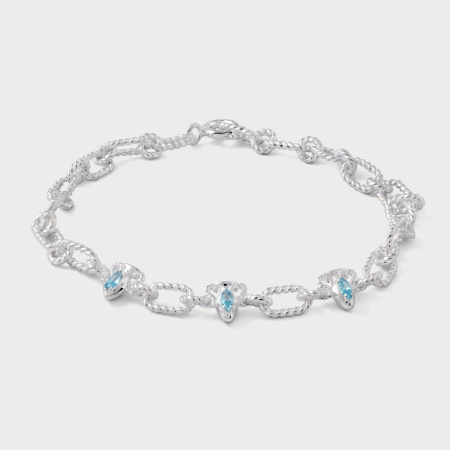 STERLING SILVER 925 BRACELET ROPE CHAIN WITH MARQUISE BLUE GEM CLUSTERS