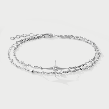 STERLING SILVER 925 LAYERED BRACELET NORTH STAR GEM CENTER WITH BEAD AND STAR ACCENTS