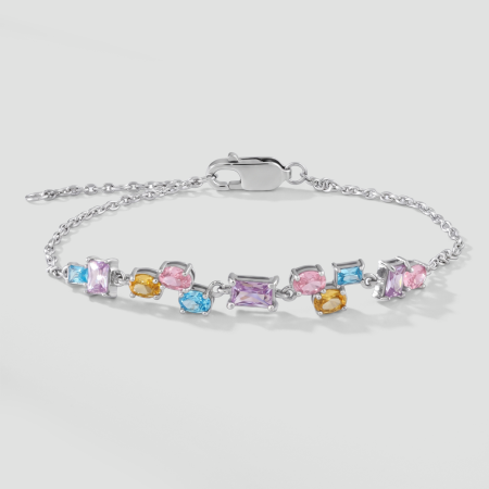 STERLING SILVER 925 CHAIN BRACELET MIXED SHAPE MULTICOLOR GEMS