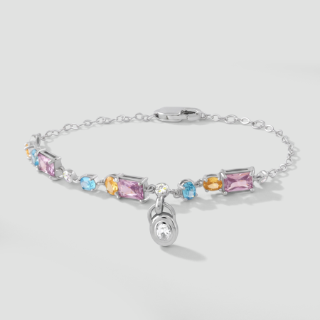 STERLING SILVER 925 CHAIN BRACELET MIXED SHAPE MULTICOLOR GEMS WITH CLEAR GEM CHARM