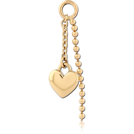 14K YELLOW GOLD CHARM HEART WITH BEADED AND CABLE CHAIN DROPS