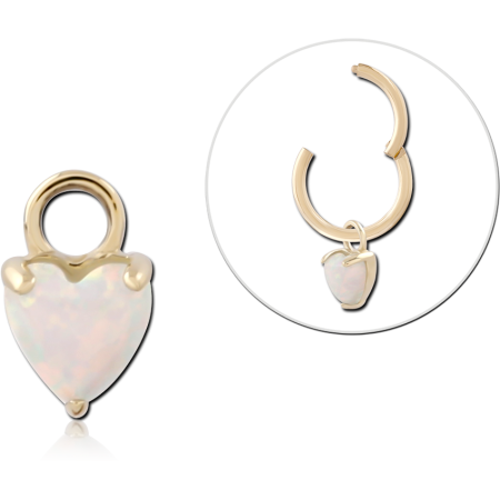 14K GOLD CHARM HEART WHITE OPAL CABOCHON PRONG SET DROP