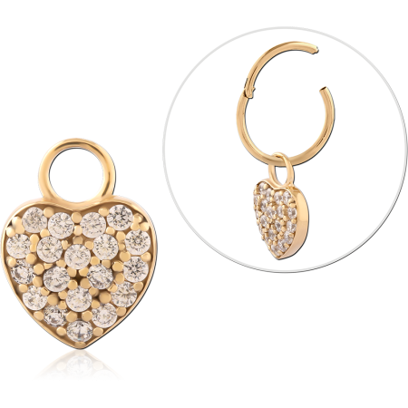 GOLD PVD 18K COATED SURGICAL STEEL CHARM PAVE JEWELED HEART DANGLE