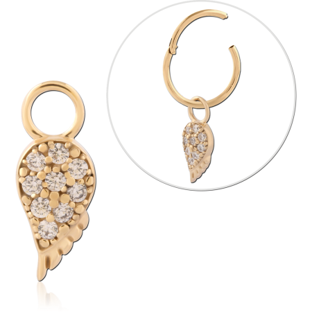GOLD PVD 18K COATED SURGICAL STEEL CHARM PAVE JEWELED WING DANGLE