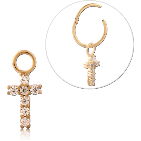 GOLD PVD 18K COATED SURGICAL STEEL CHARM JEWELED CROSS DANGLE