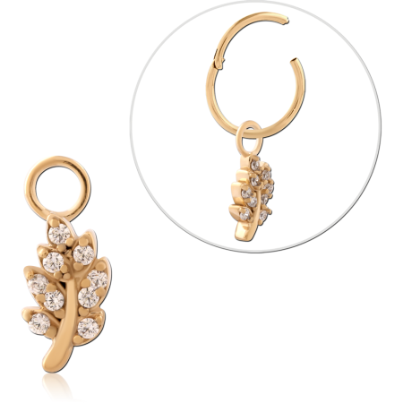 GOLD PVD 18K COATED SURGICAL STEEL CHARM JEWELED LEAF DANGLE