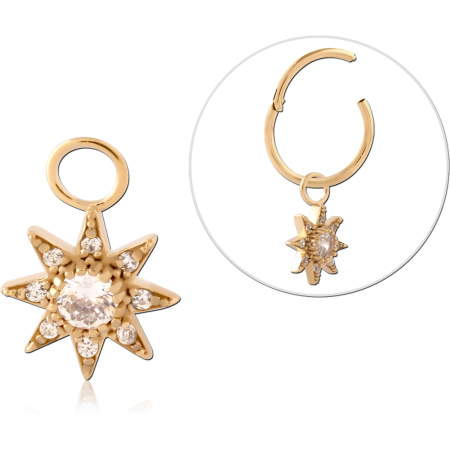 GOLD PVD 18K COATED SURGICAL STEEL CHARM JEWELED STARBURST DANGLE
