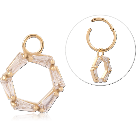 GOLD PVD 18K COATED SURGICAL STEEL CHARM HEXAGON BAGUETTE JEWELED