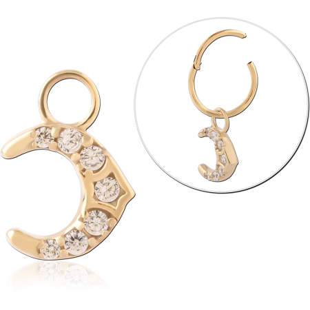 GOLD PVD 18K COATED SURGICAL STEEL CHARM CRESCENT MOON PAVE CLEAR GEMS