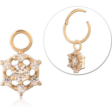 GOLD PVD 18K COATED SURGICAL STEEL CHARM SNOWFLAKE HEXAGON CLUSTER JEWELED