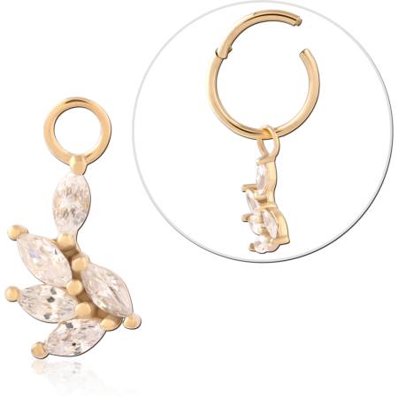 GOLD PVD 18K COATED SURGICAL STEEL CHARM MARQUISE LEAF CASCADE JEWELED