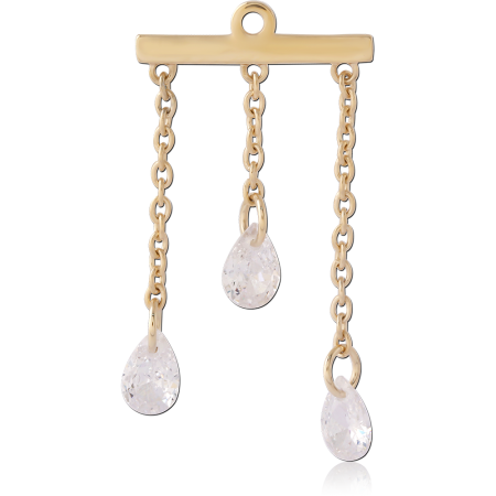 GOLD PVD 18K COATED SURGICAL STEEL CHARM TRIPLE CHAIN TEARDROP GEM DANGLES
