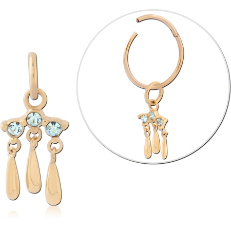 GOLD PVD 18K COATED SURGICAL STEEL CHARM TRIPLE TEARDROP DANGLES BLUE GEMS