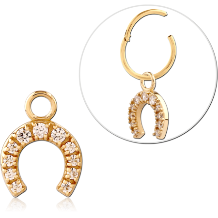 GOLD PLATED 18K STERLING SILVER 925 SLIDING CHARM HORSESHOE JEWELED FOR HINGED SEGMENT RING