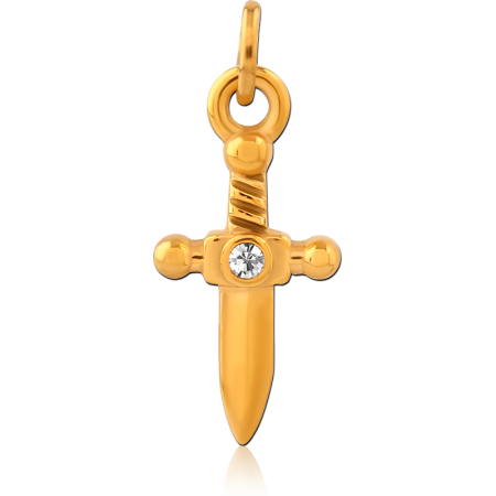 GOLD PVD COATED SURGICAL STEEL CHARM SWORD WITH SINGLE GEM