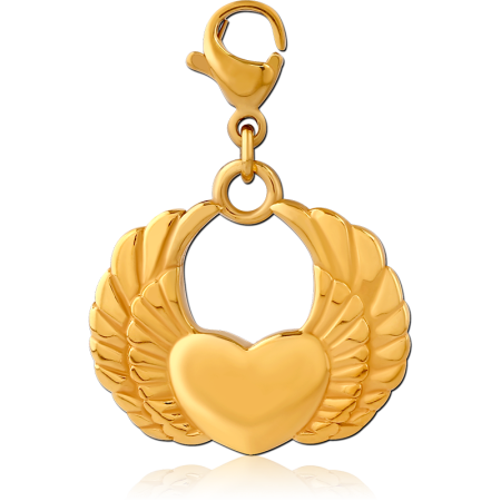 GOLD PVD COATED SURGICAL STEEL CHARM WITH LOBSTER CLASP WINGED HEART
