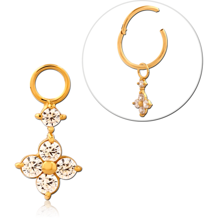 GOLD PLATED STERLING SILVER 925 SLIDING CHARM FOUR PETAL FLOWER JEWELED