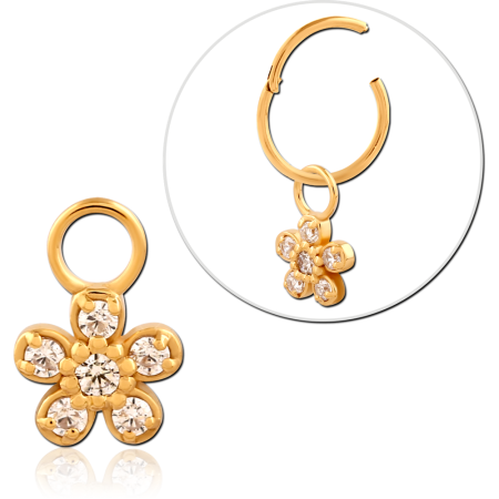 GOLD PLATED STERLING SILVER 925 SLIDING CHARM HINGED SEGMENT RING FIVE PETAL FLOWER GEMS