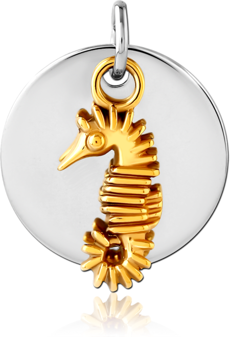SURGICAL STEEL CHARM SEAHORSE ON POLISHED ROUND DISC