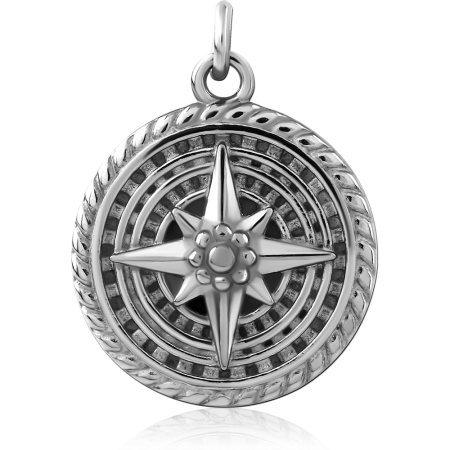 SURGICAL STEEL CHARM COMPASS ROSE MEDALLION WITH CONCENTRIC RINGS AND ROPE EDGE