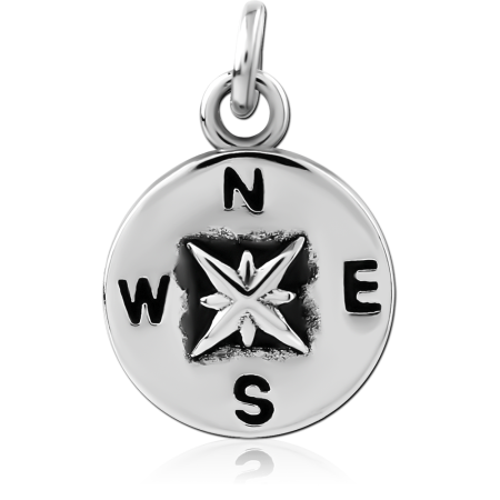 SURGICAL STEEL CHARM COMPASS DISC WITH DIRECTION LETTERS AND STAR CENTER