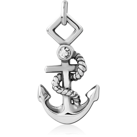 SURGICAL STEEL CHARM ANCHOR WITH ROPE DETAIL AND CLEAR GEM