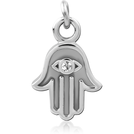 SURGICAL STEEL CHARM HAMSA HAND WITH EYE AND CLEAR GEM