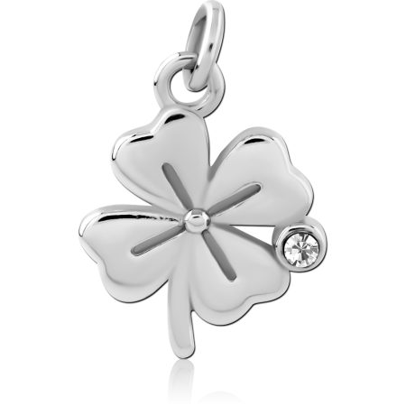 SURGICAL STEEL CHARM FOUR LEAF CLOVER WITH CLEAR GEM ACCENT